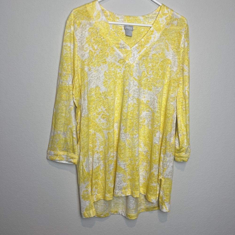 Chico's Blouse Womens L Yellow Floral Print V Neck 3/4 Sleeve Linen Tunic Top